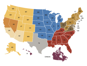 Graphic with map of US representing sales representative states