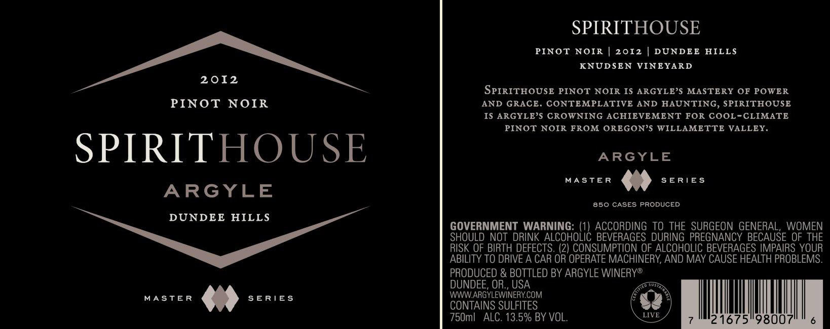 2012 Argyle Spirithouse Pinot Noir label